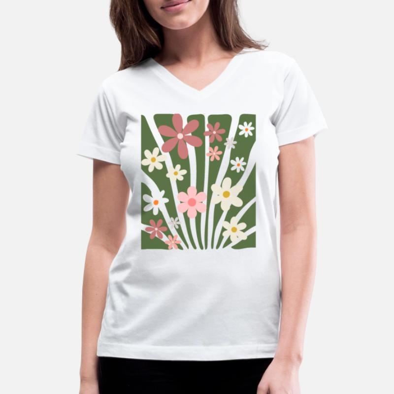 Boho Wildflower Tshirt Vintage Floral Graphic Womens V-Neck T-Shirt