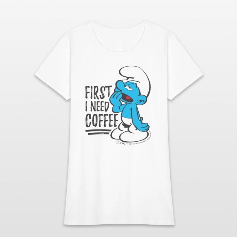 The Smurfs First I Need Coffee Womens T-Shirt